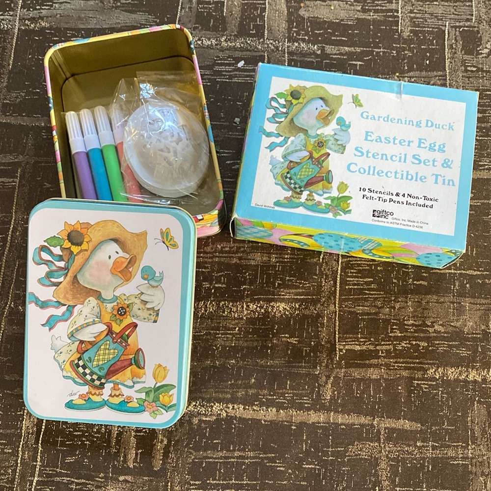 Vintage Easter egg stencil set and collectible tin